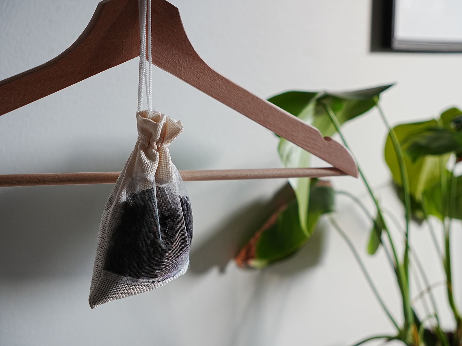 A bag of Kahyve pellets hanging from a wooden clothes hanger next to a houseplant